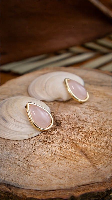 Brinco Folheado a Ouro - Quartzo Rosa
