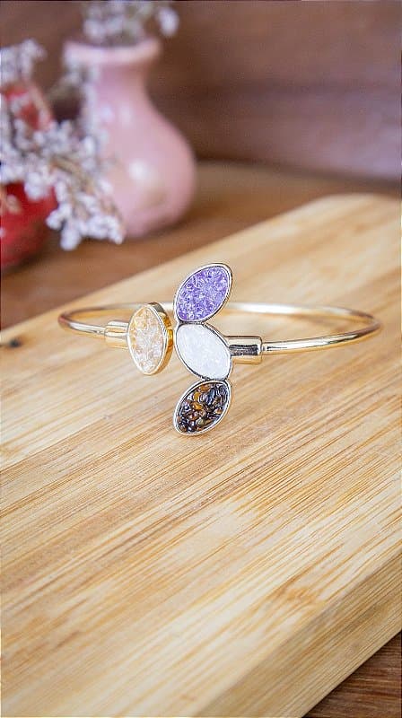 Pulseira Folheadoa a Ouro – Ametista, Selenita, Olho de Tigre e Citrino