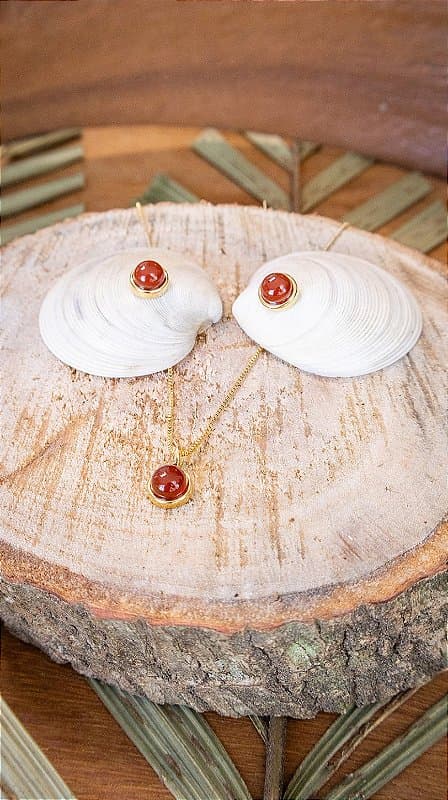 Conjunto Folheado a Ouro com Ágata Vermelha - Esfera