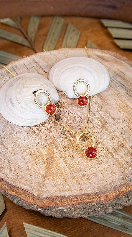 Conjunto Folheado a Ouro com Ágata Vermelha - Esfera com Argola